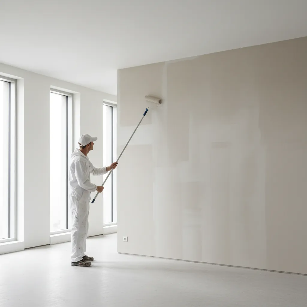 Painter applying paint roller evenly across interior wall surface