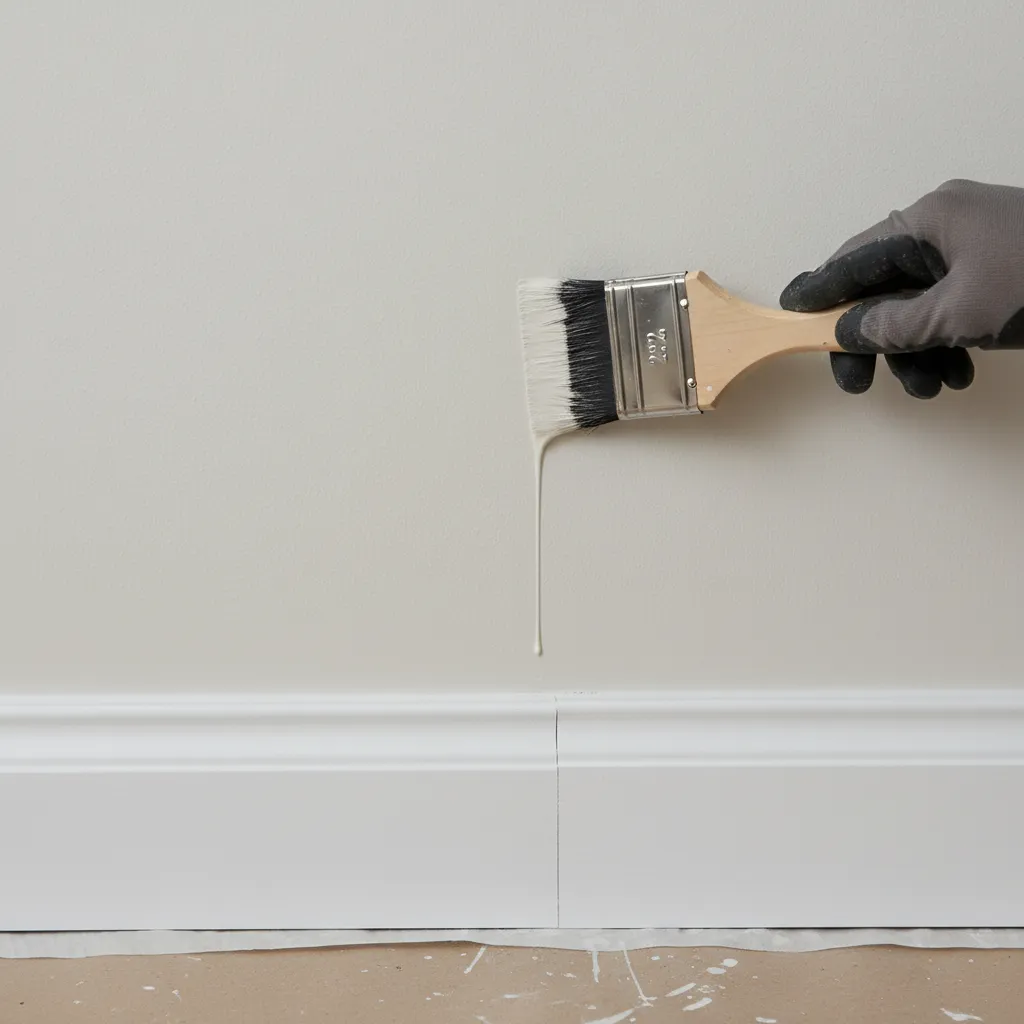 Paint drip on wall corner being smoothed with brush