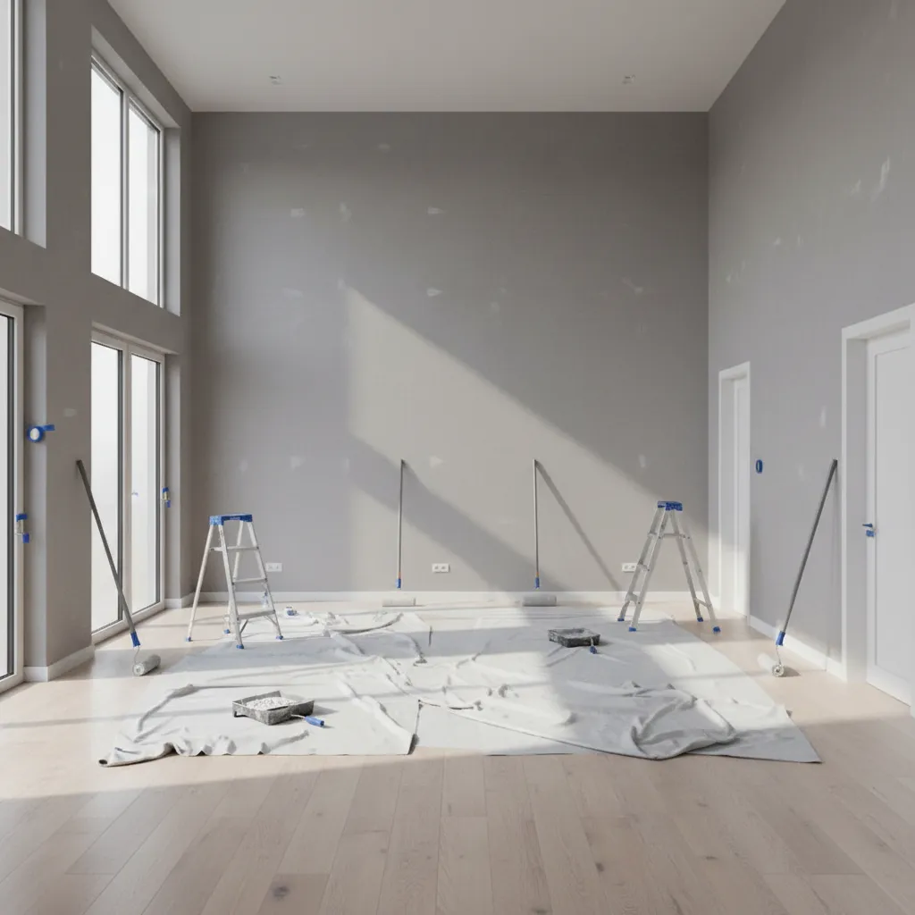 Empty room being painted with grey walls two ladders paint rollers and floor protection sheets