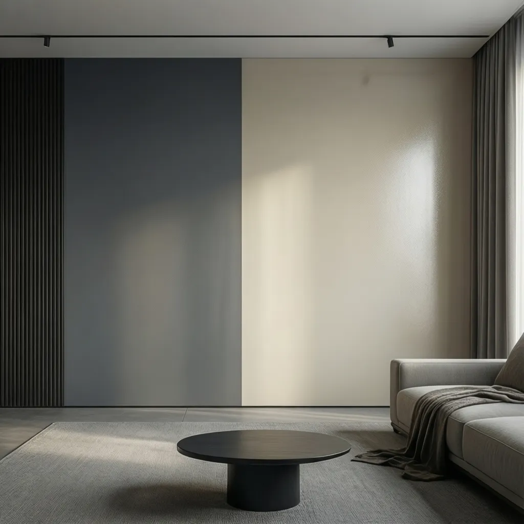 Living room wall comparison between dark grey and light beige paint with modern grey sofa