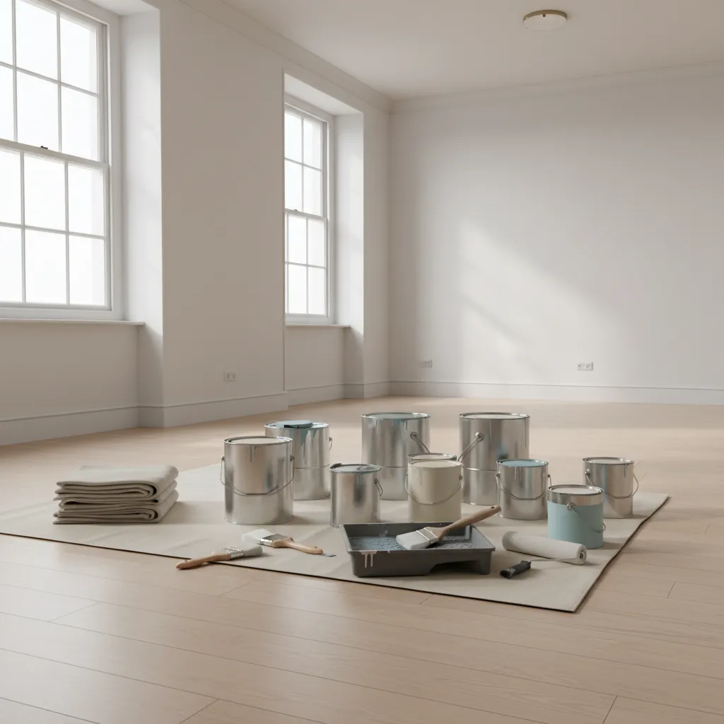 paint cans and rollers prepared for residential painting project