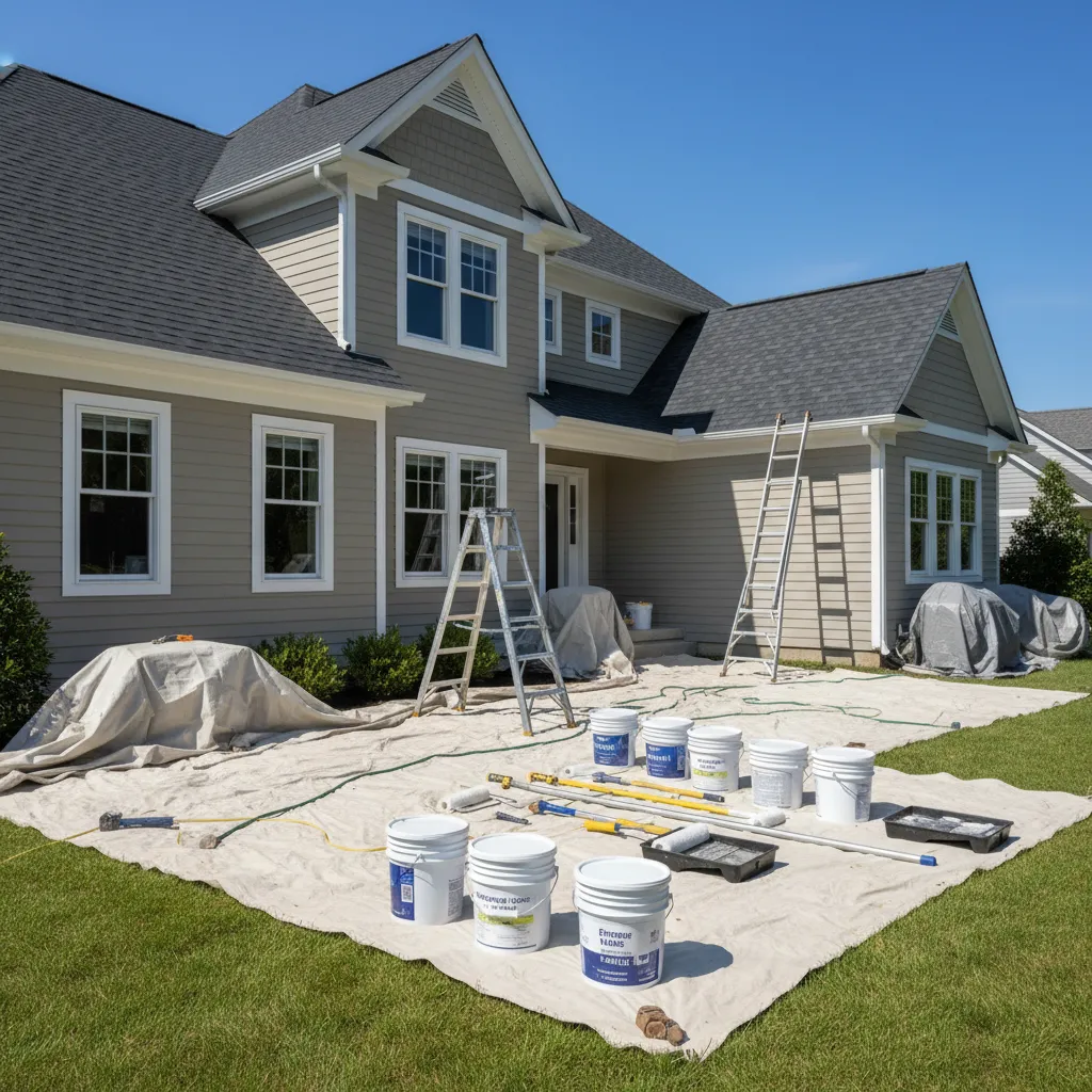 Exterior painting supplies and paint buckets near a residential house renovation