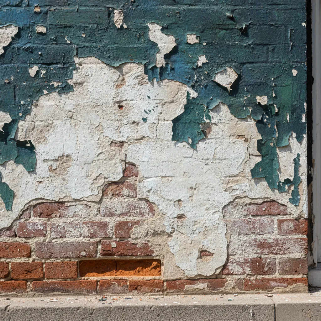 exterior wall where paint is peeling because of unstable limewash underneath