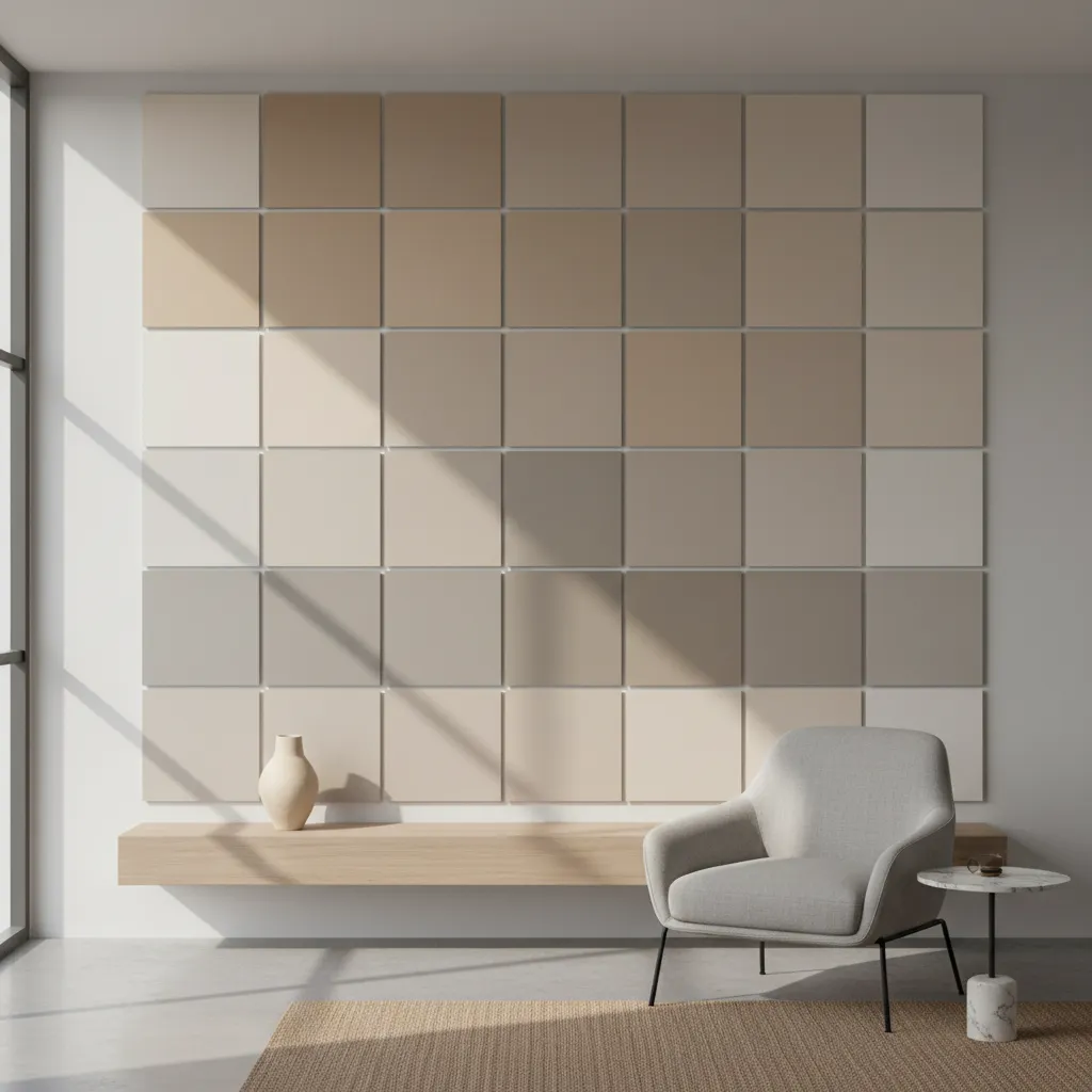 Interior wall with large paint color samples tested in natural light