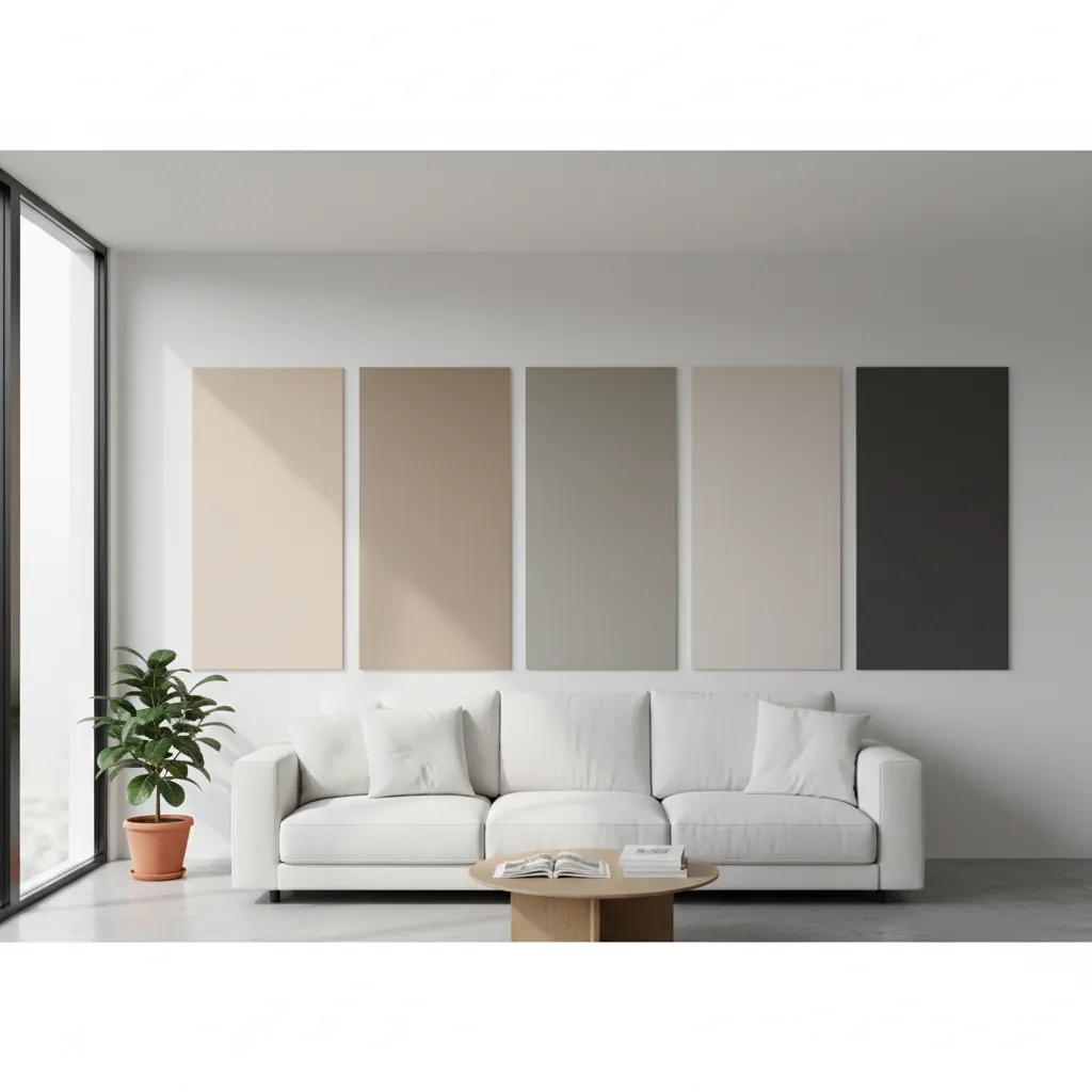 Wall paint samples tested in living room next to white sofa