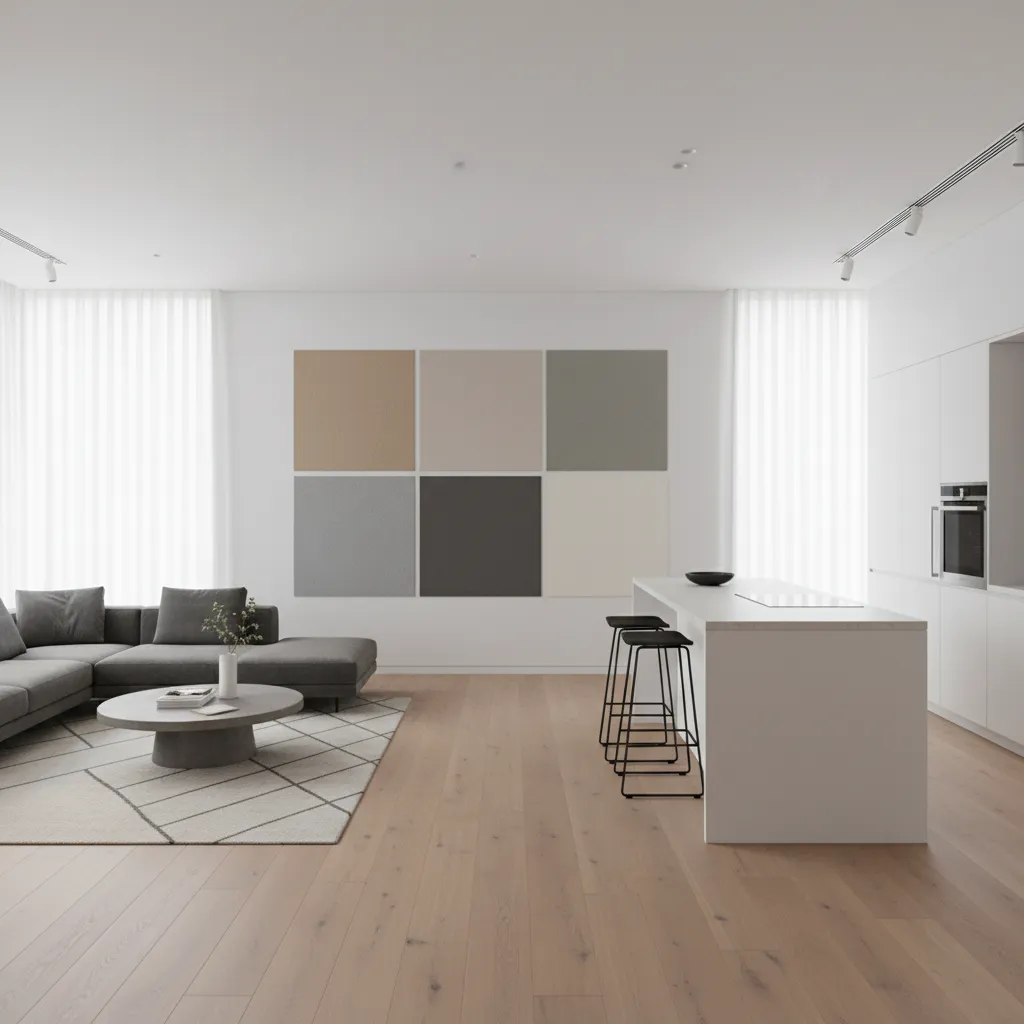 Large paint samples tested on living room wall near kitchen