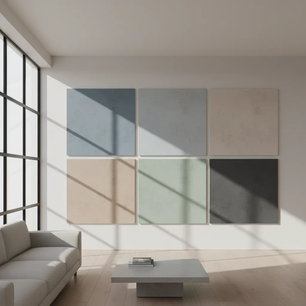 Paint color samples on a wall illuminated by natural daylight from a window