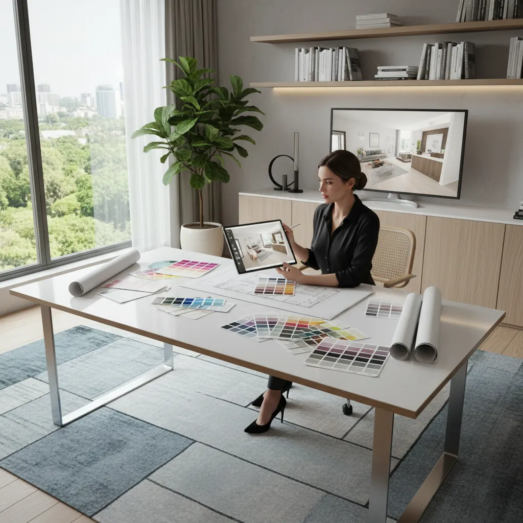 designer reviewing paint choices on tablet while planning home interior