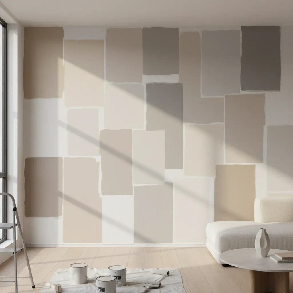 Wall with many paint color swatches next to a ladder and paint cans on floor