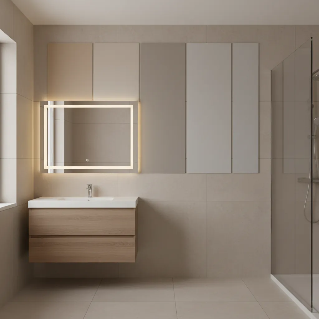 bathroom wall paint samples showing warm and cool undertones under vanity lighting