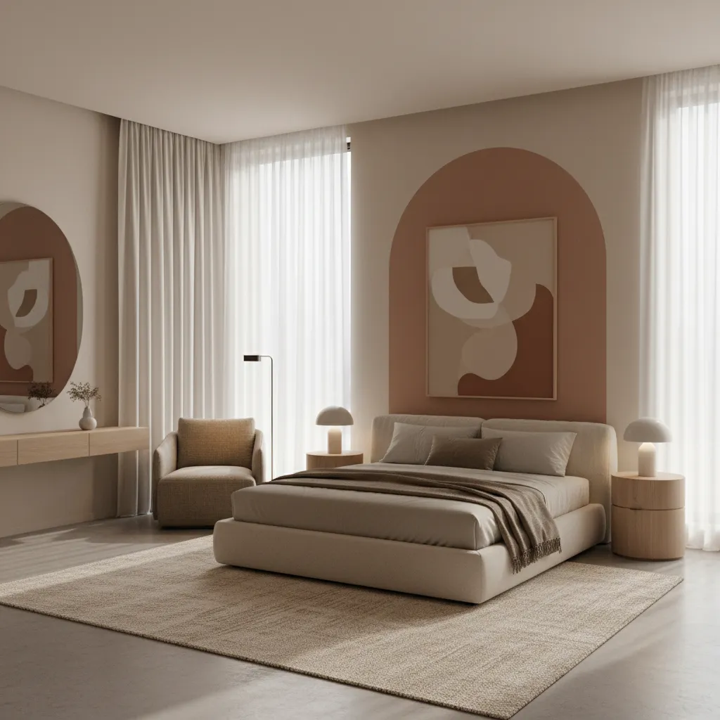 Bedroom featuring painted arch geometric wall behind bed