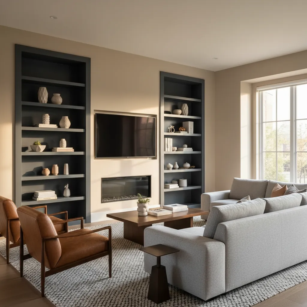 built in shelves framed with darker accent paint in modern living room