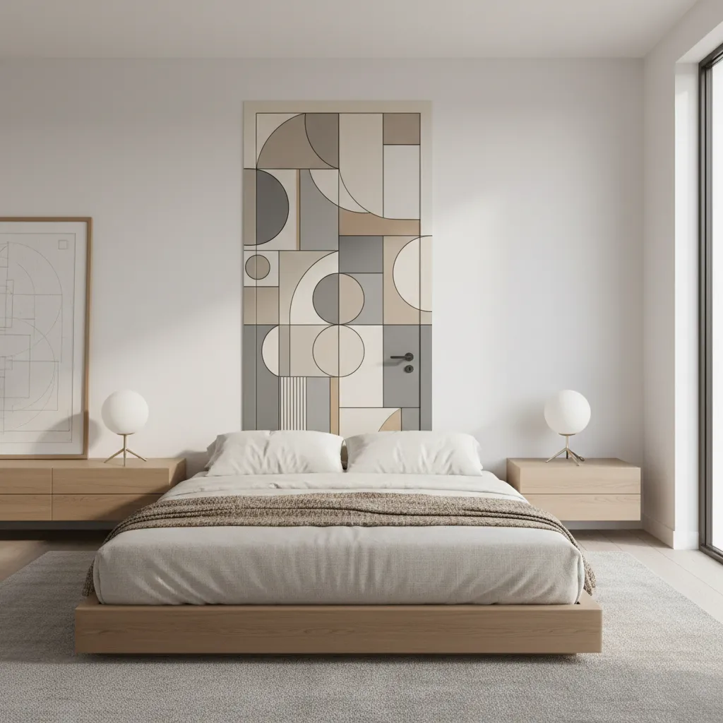 hand painted geometric bedroom door art in a modern bedroom