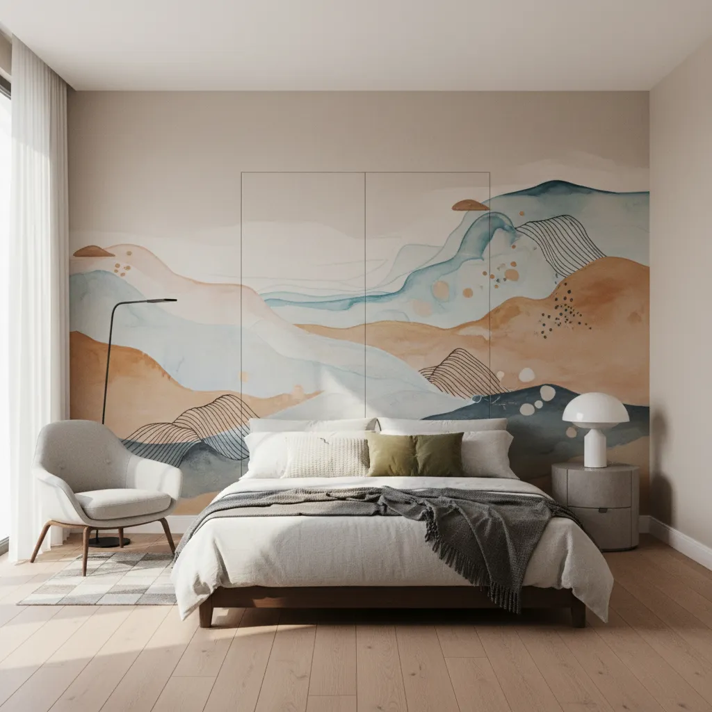 hand painted bedroom door mural in a modern bedroom interior