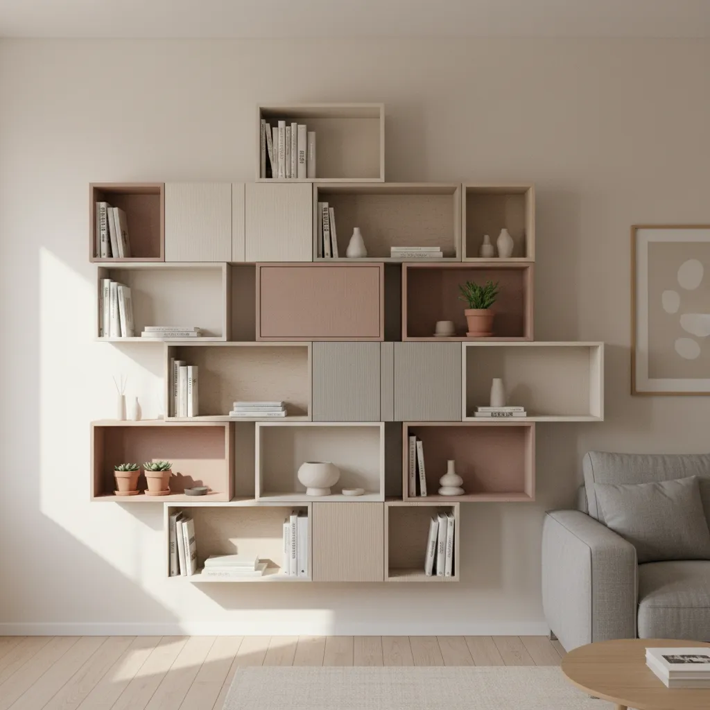 painted cardboard wall storage units in modern small apartment