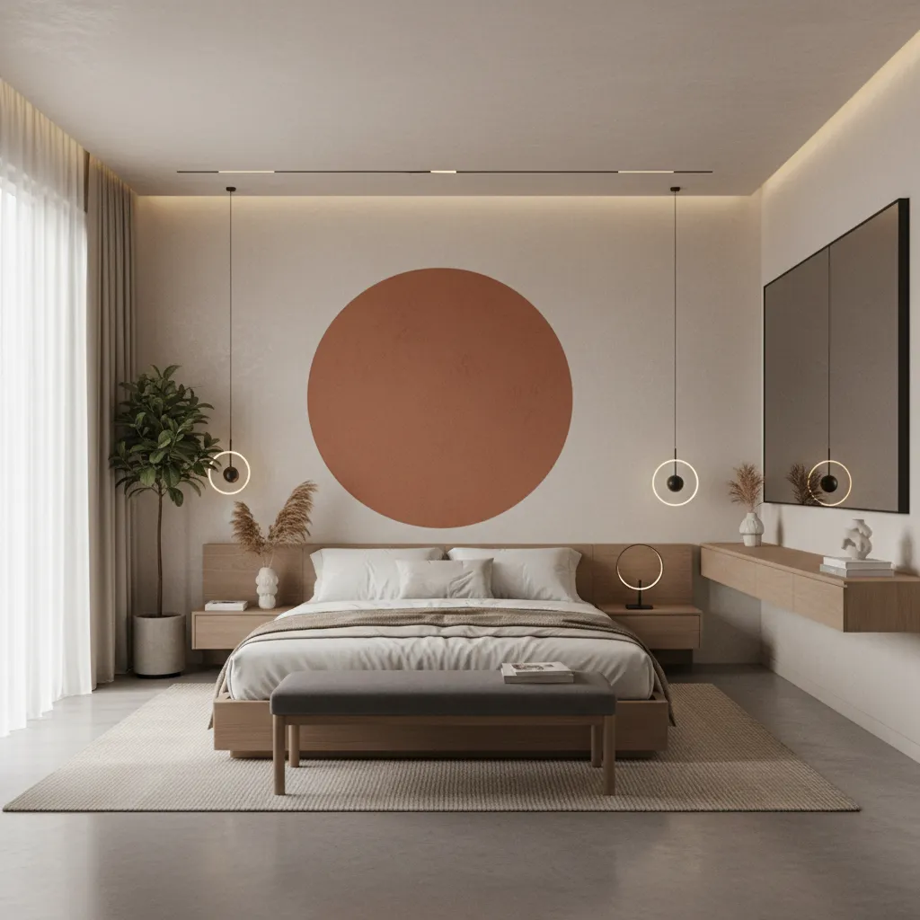 Bedroom with a large painted circle accent wall behind the bed