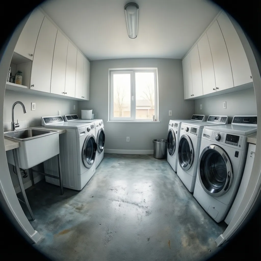 Painted concrete laundry room floor with washer dryer and cabinets
