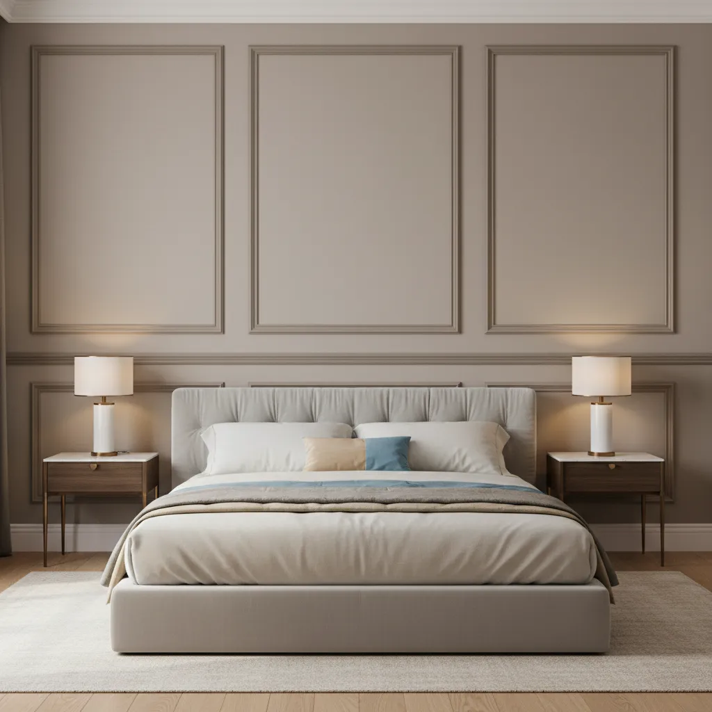 Painted rectangular frame border on wall creating panel effect in small room