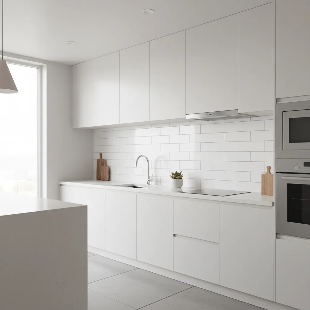 Kitchen backsplash tiles painted white for modern look