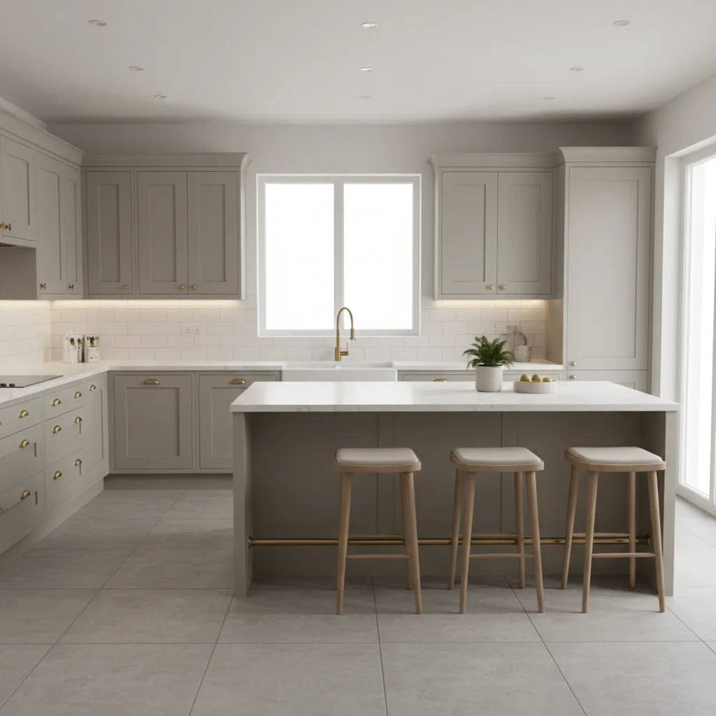 kitchen cabinets refinished with modern paint and brass hardware