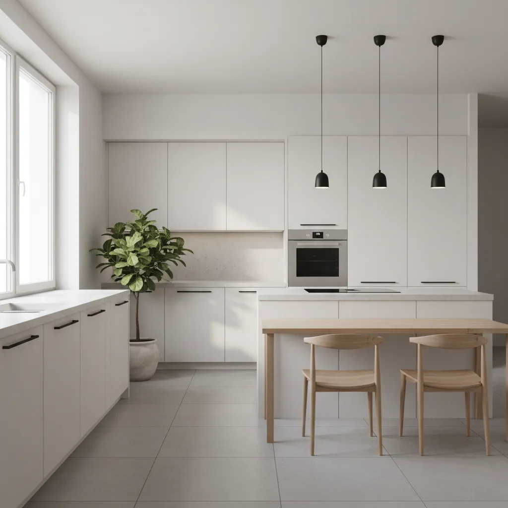Kitchen cabinets repainted in modern neutral color with new hardware