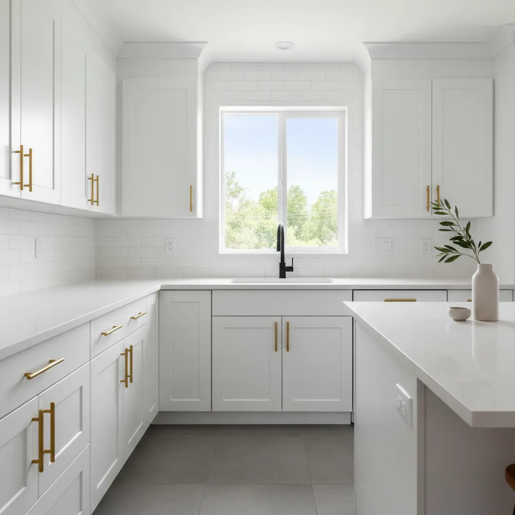 kitchen with freshly painted white cabinets and modern hardware