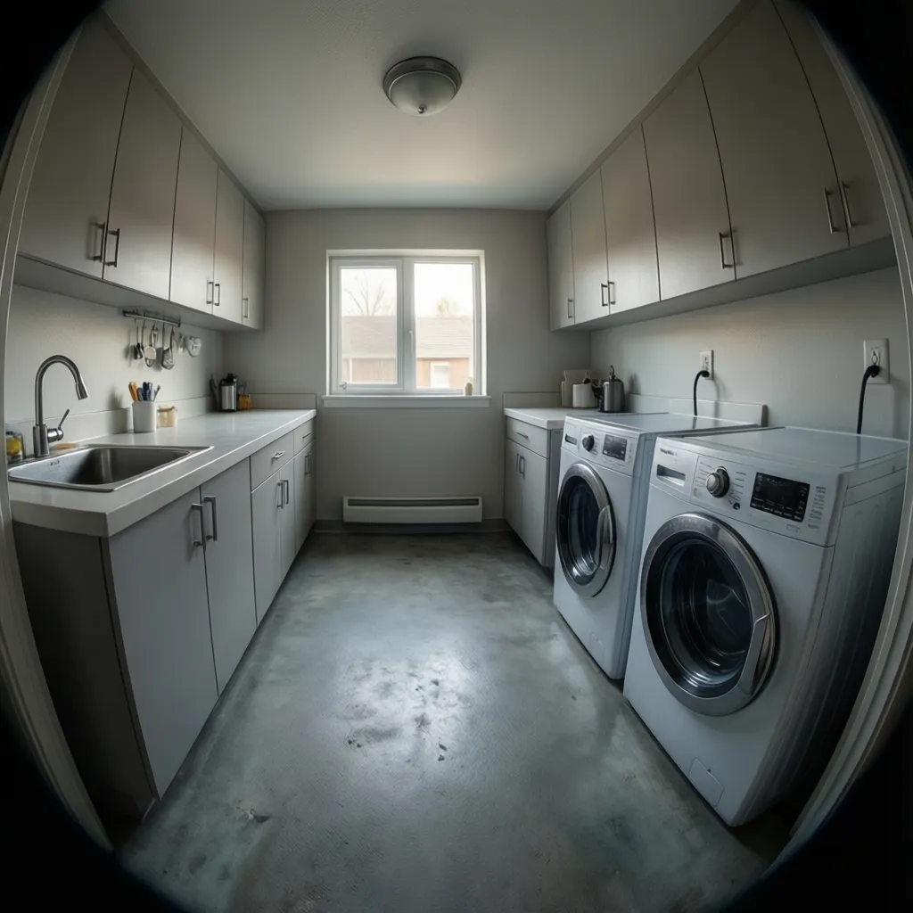 painted concrete laundry room floor with washer dryer and cabinets