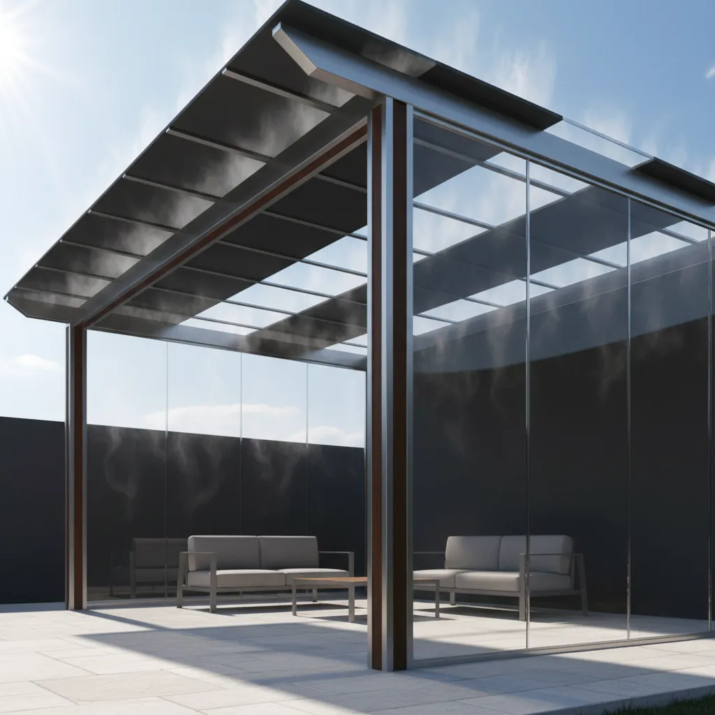 painted polycarbonate roofing panel showing darker surface absorbing sunlight