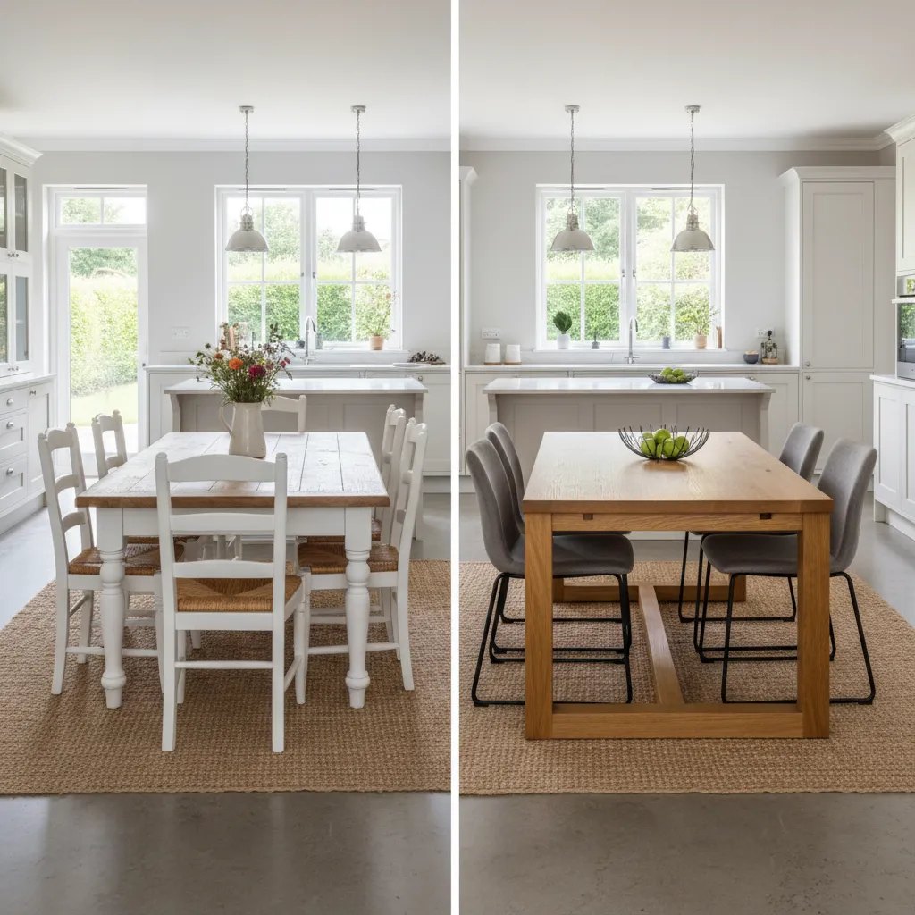 Side by side comparison of painted kitchen table and stained wood table