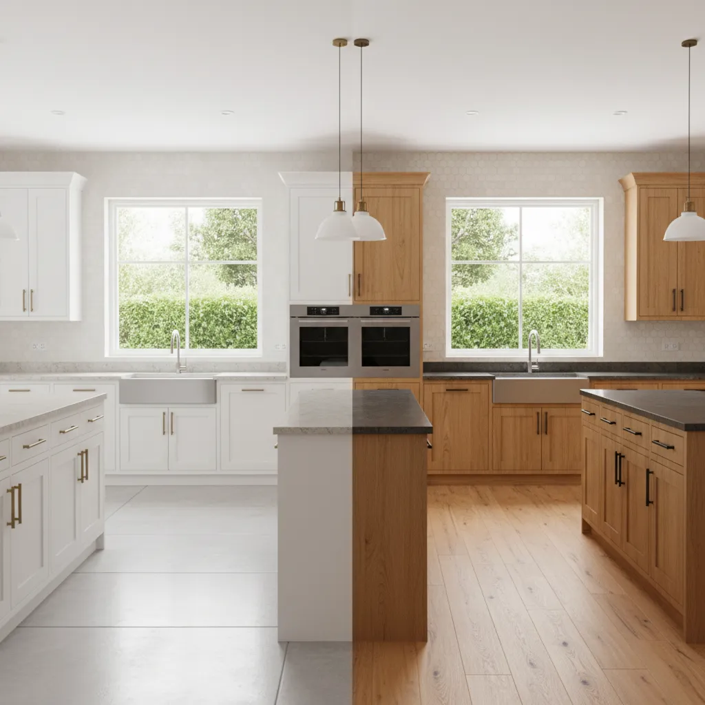 side by side painted white shaker cabinets and natural wood shaker cabinets