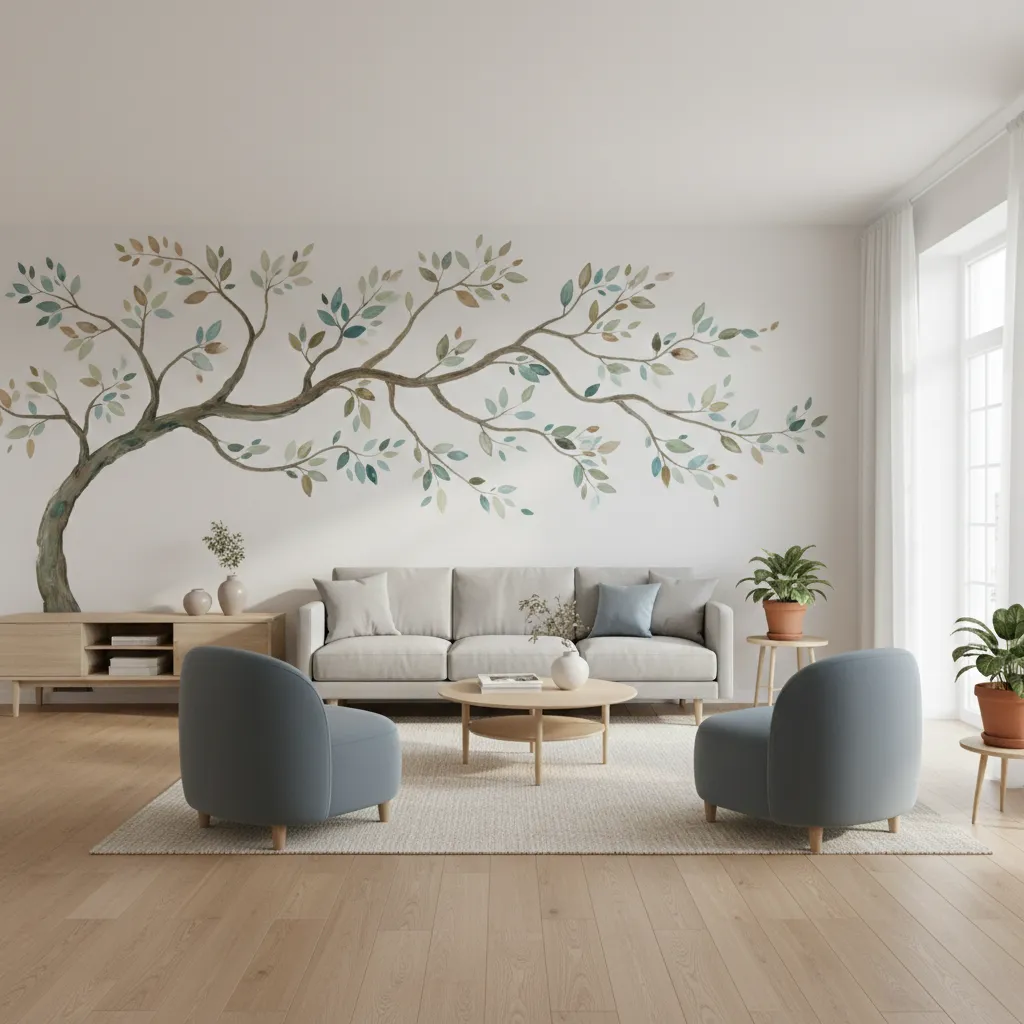 hand painted tree mural on living room wall