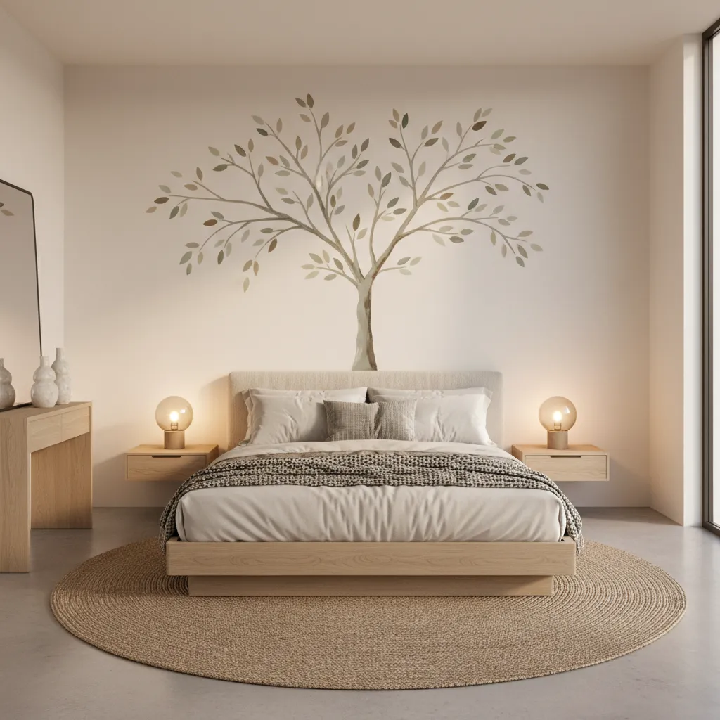 Hand painted wall tree mural in a cozy bedroom interior
