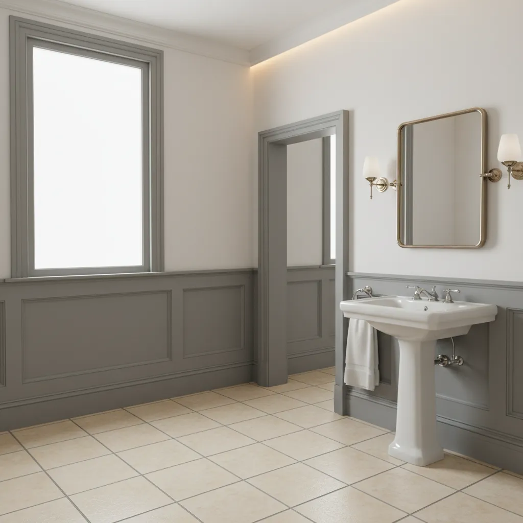 Painted wood baseboards installed in a bathroom with sealed edges and tile floor