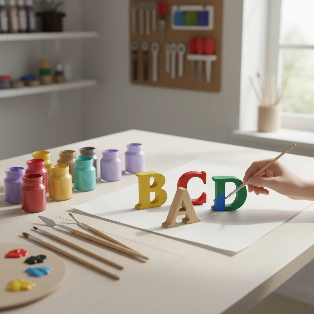 DIY wooden letters painted with acrylic colors on a craft desk