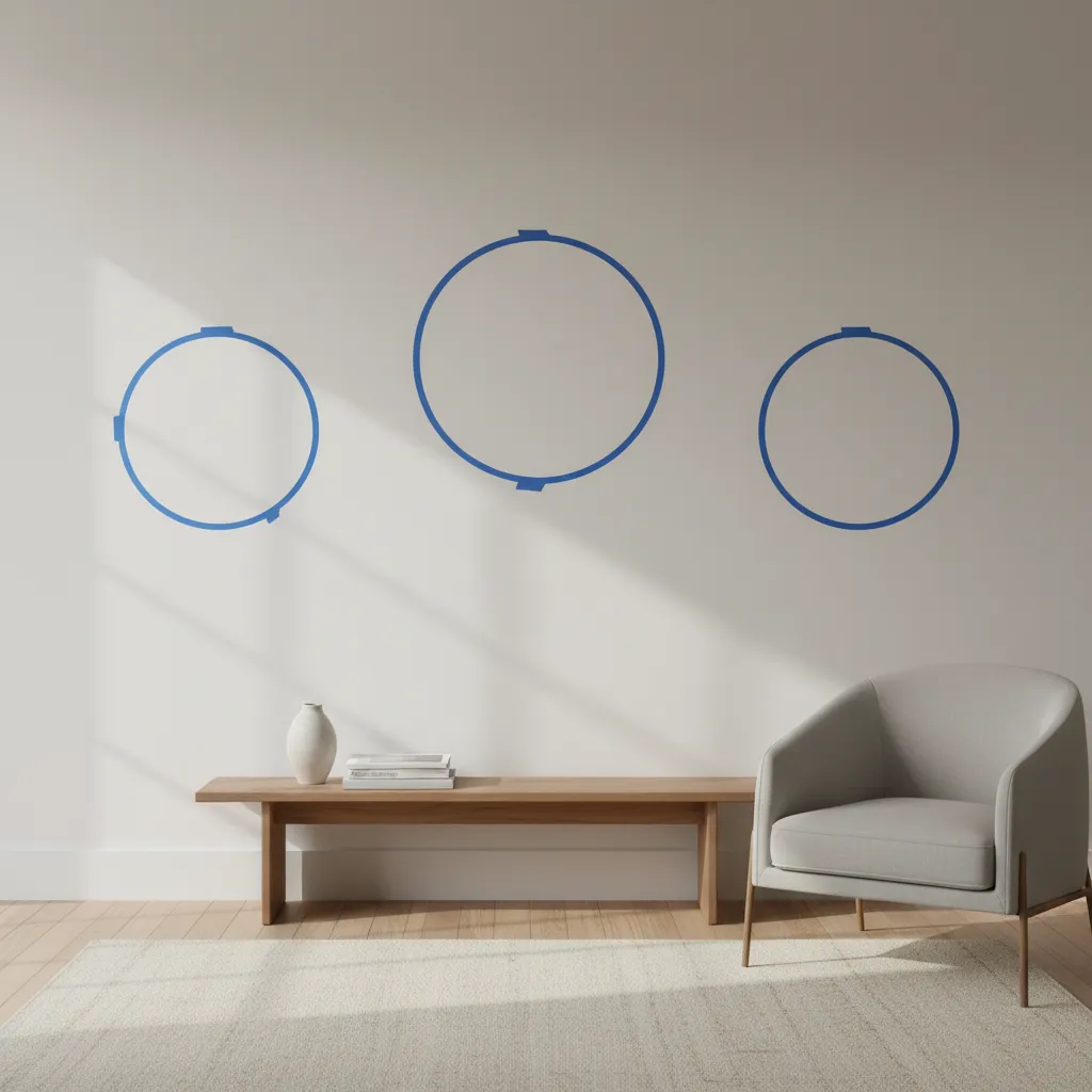 Painter tape outlines showing planned placement of three wall mirrors