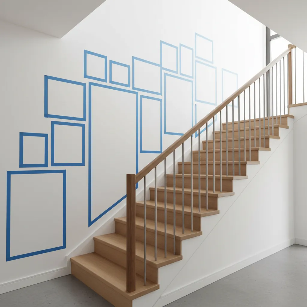 Painter's tape outlining picture frame positions on a staircase wall