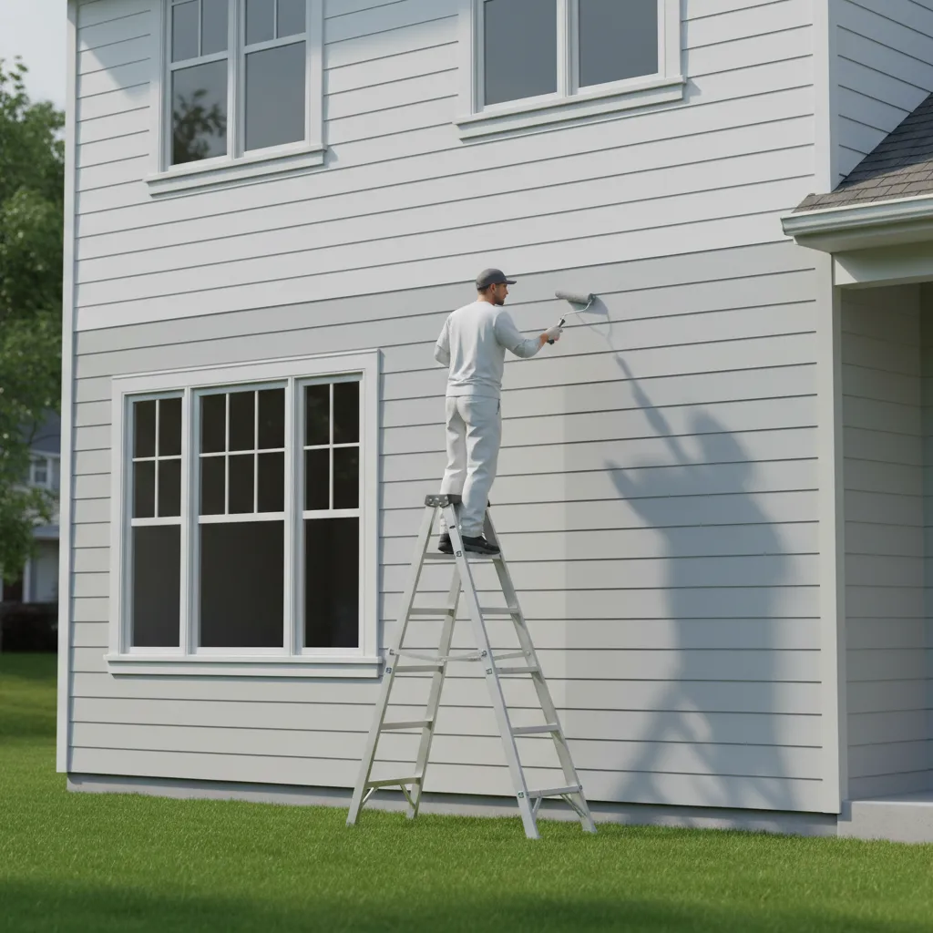 Professional painter applying paint to fiber cement house siding exterior