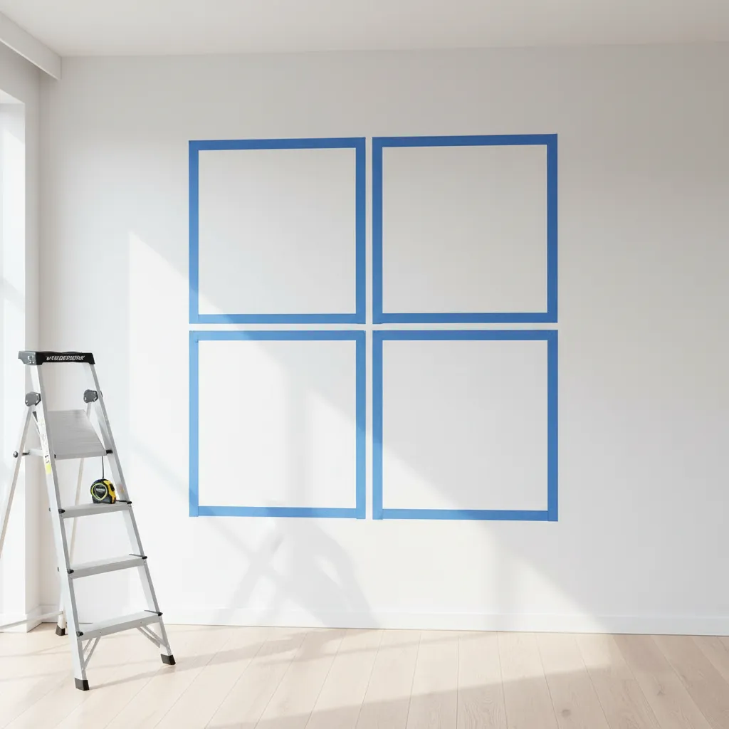 painter tape outlines forming four frame layout on wall