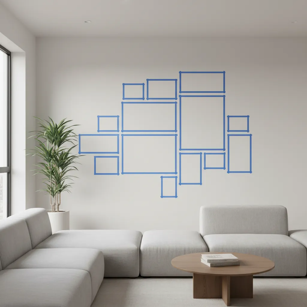 painter tape outlines forming picture frame layout on wall