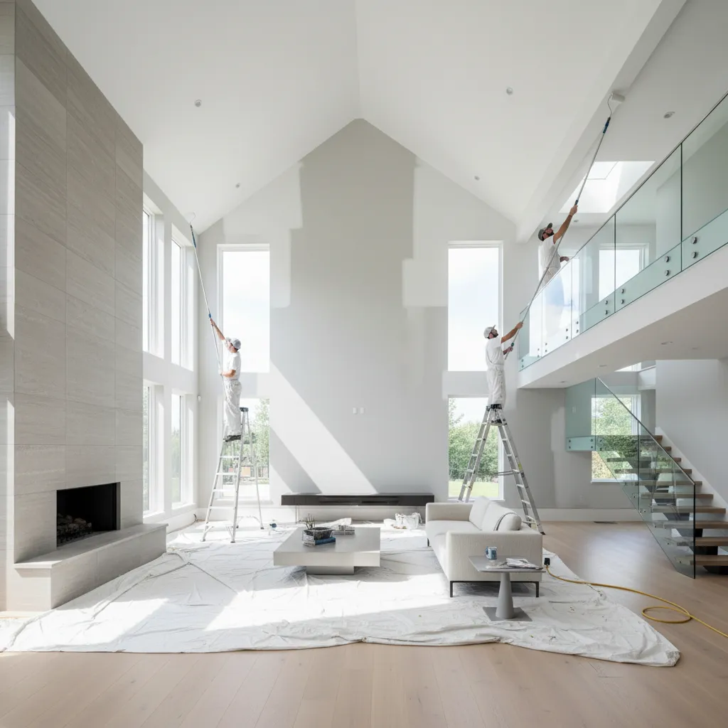 painting crew using ladders to paint tall interior walls in a large home