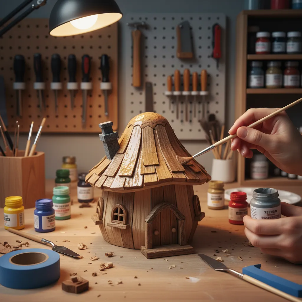 applying waterproof paint and sealant to a small wooden gnome house