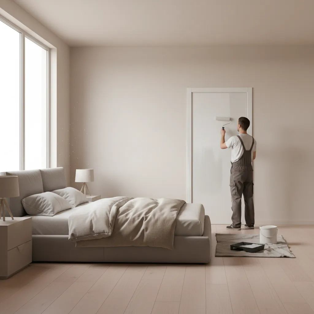 Person painting a bedroom door during a DIY interior decoration project