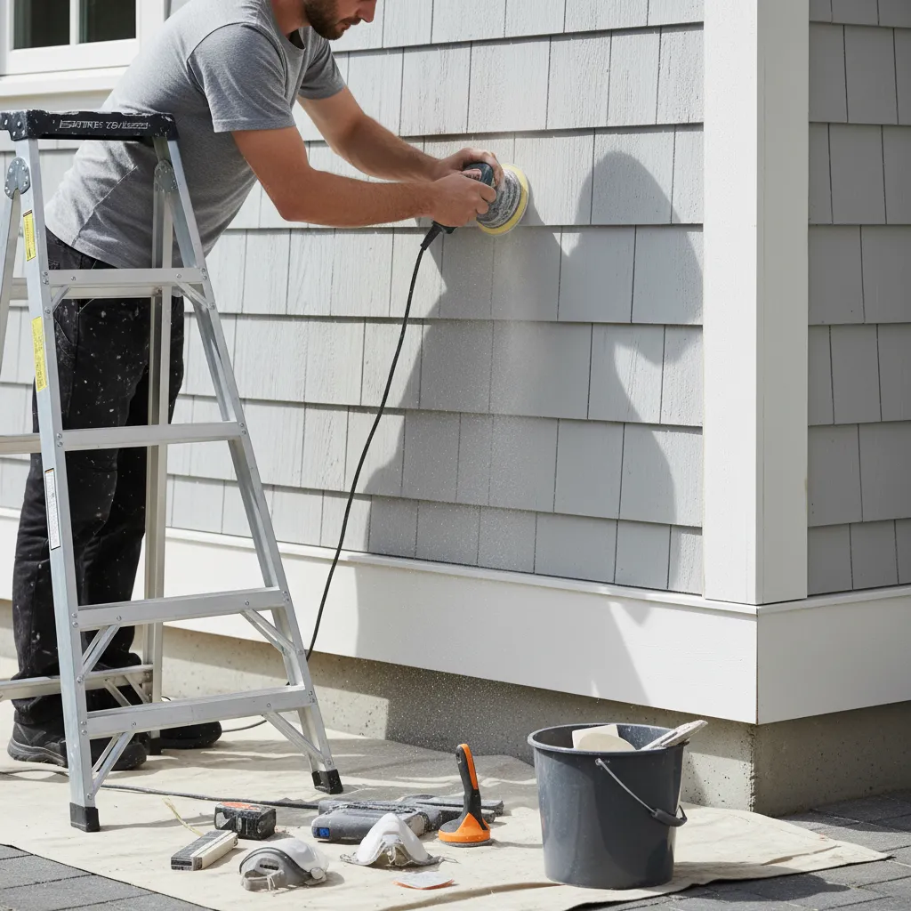 Painter sanding and preparing exterior wall before painting