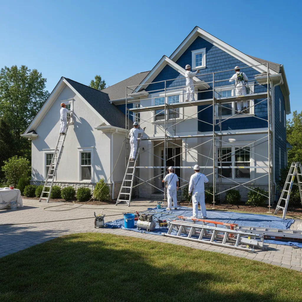 Professional painting crew working together on a large residential exterior