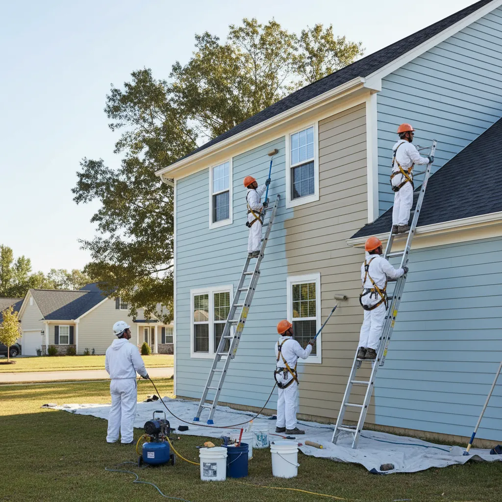 professional painting crew using ladders while painting exterior siding on two story home