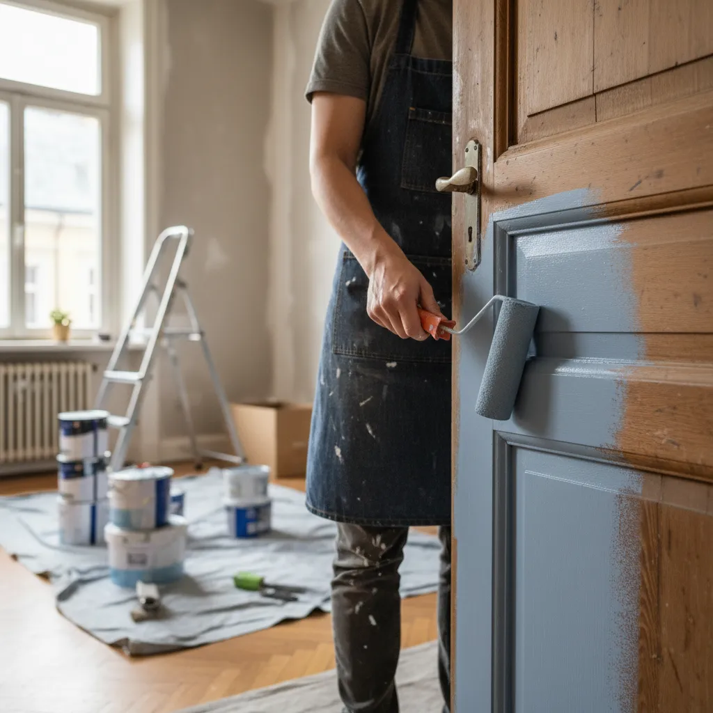 Proceso de pintar una puerta interior con chalk paint usando rodillo