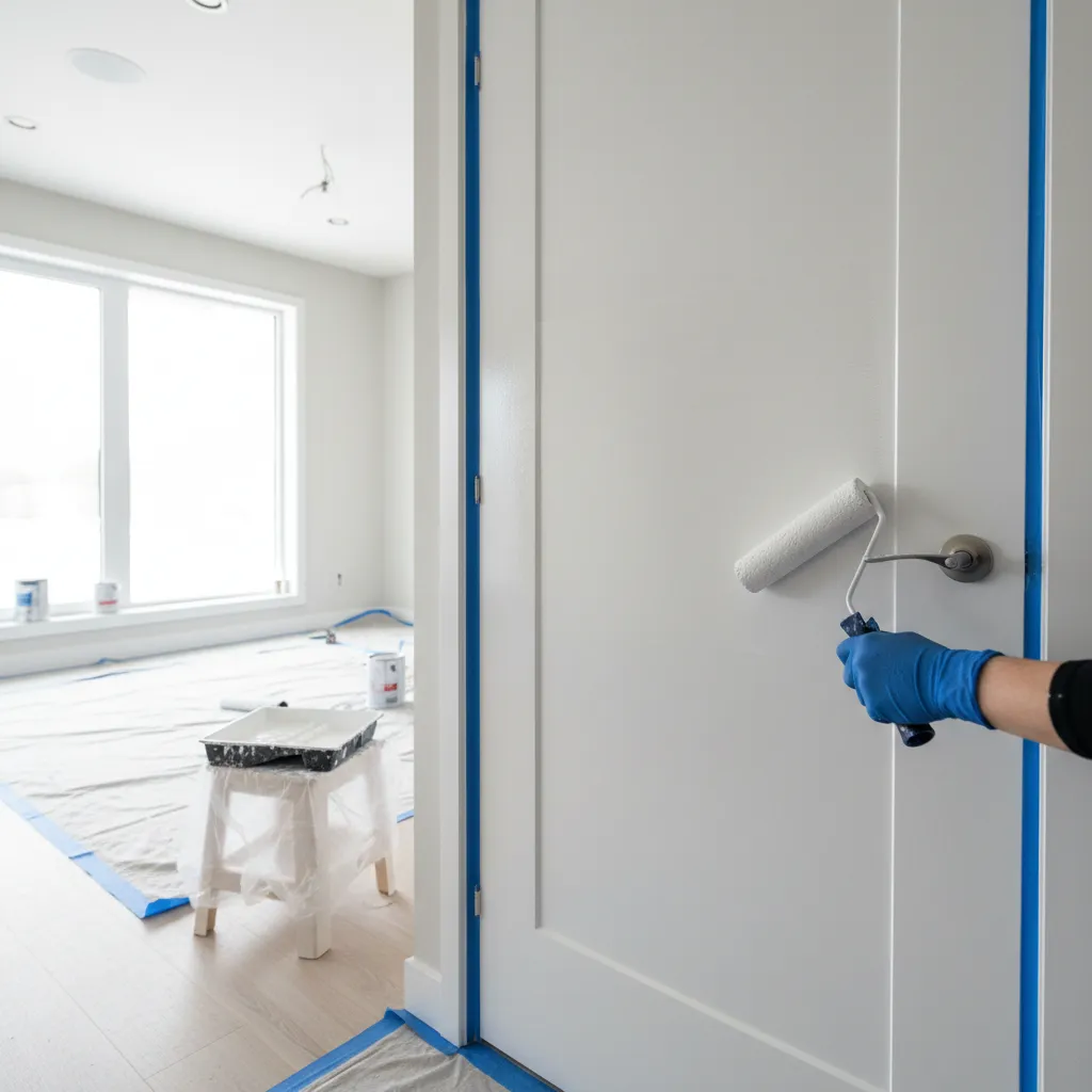 Applying enamel paint to an interior door with a foam roller for a smooth finish