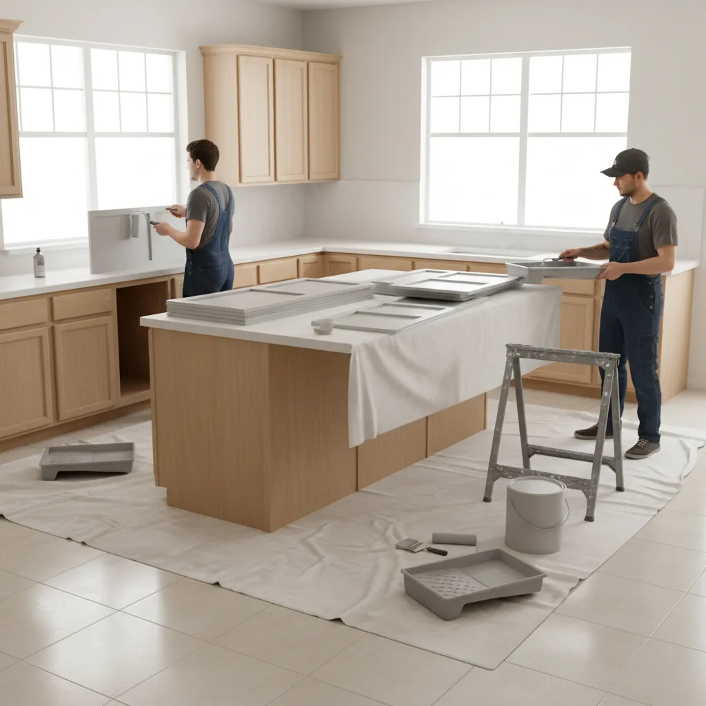 DIY painting process for kitchen cabinets during budget renovation