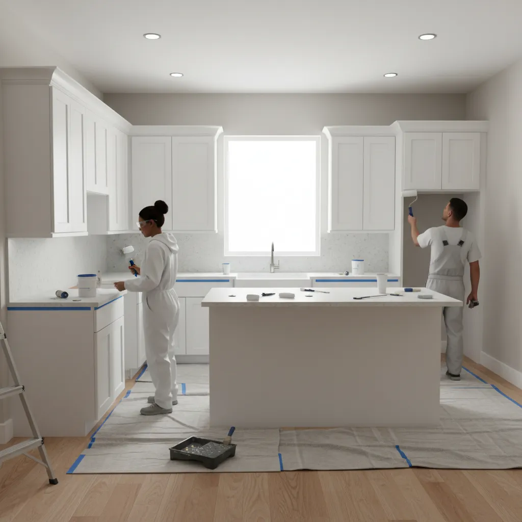 painting white kitchen cabinets during refinishing project