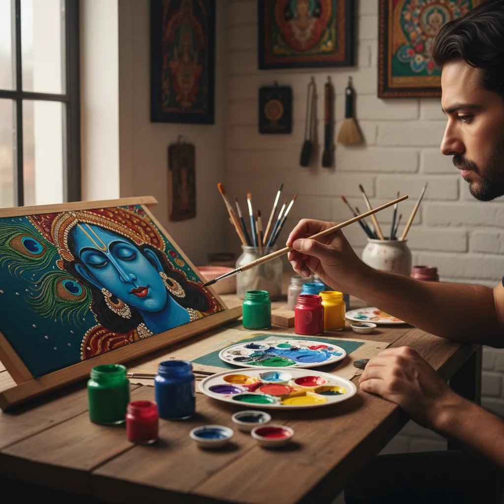 fine brush painting Krishna design details on decorative wall hanging